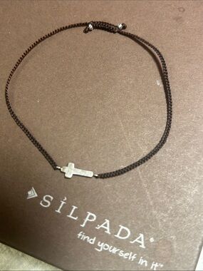 Silpada Dark Brown Adjustable Cord Bracelet w/.925 Sterling Silver Cross